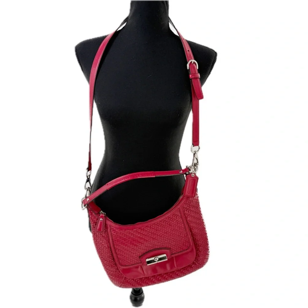 COACH Kristin Woven Leather Hobo Satchel Shoulder Crossbody Bag Scarlet Red